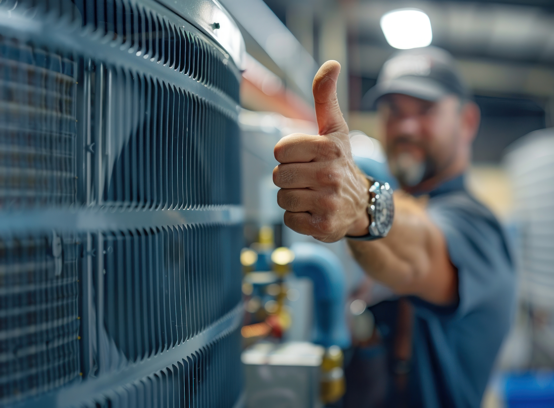 HVAC technician giving thumbs up next to an air conditioning unit